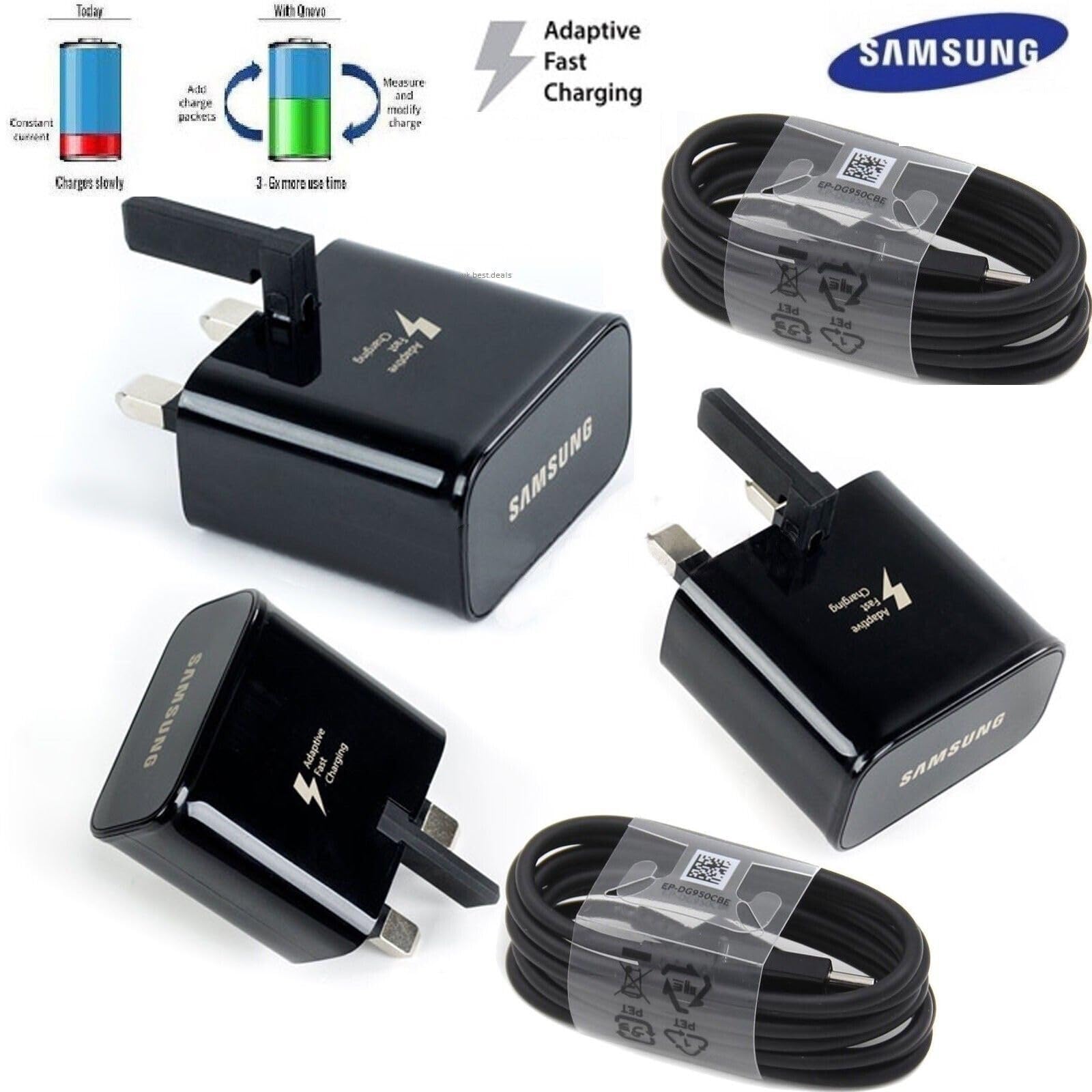 Samsung EP-TA200 / EP-TA20 Adaptive Fast Charging Adaptive UK Wall Plug Adapter  Samsung USB A to Type C Charge Cable Lead (Black Charger & Lead)