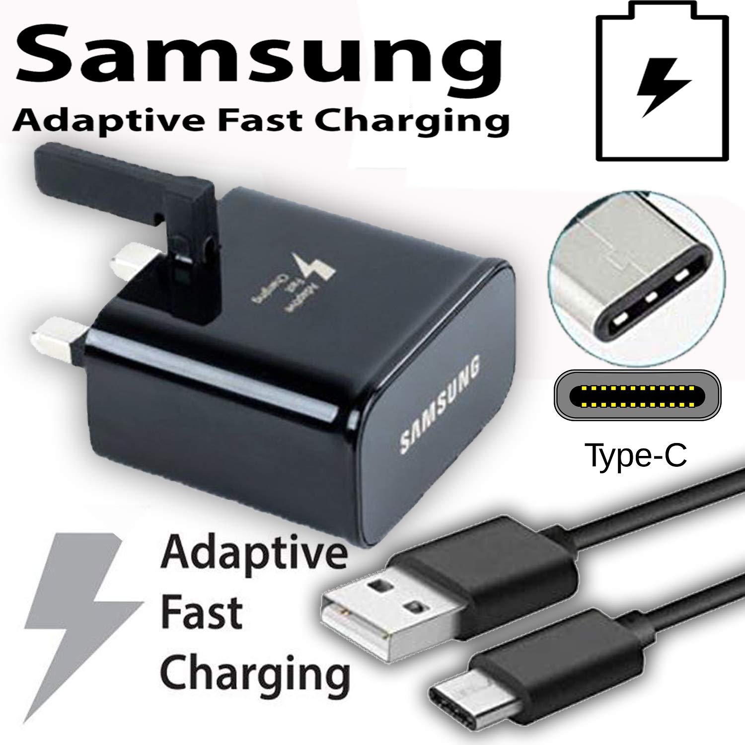 Samsung EP-TA200 / EP-TA20 Adaptive Fast Charging Adaptive UK Wall Plug Adapter  Samsung USB A to Type C Charge Cable Lead (Black Charger & Lead)